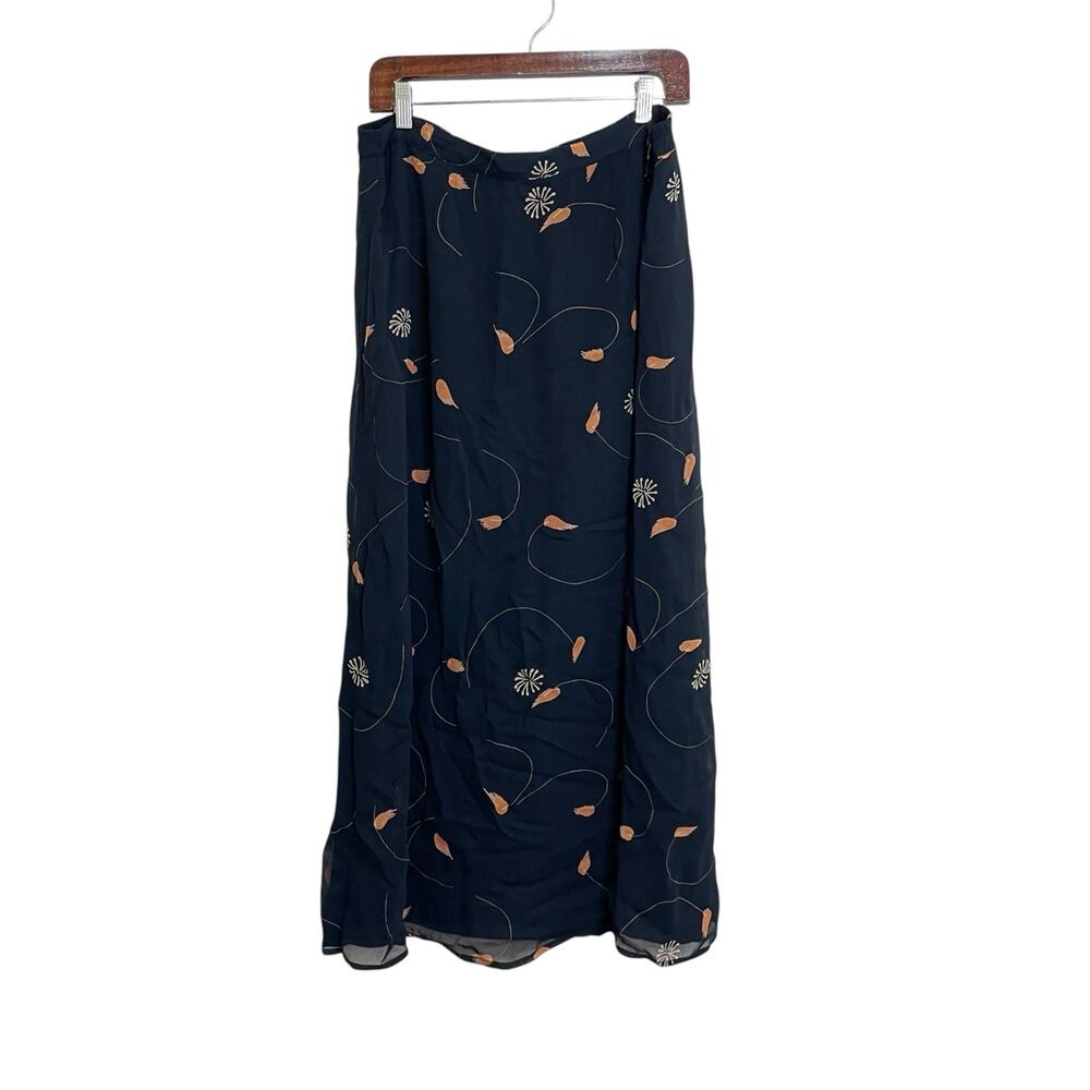 Vintage 90s Putumayo Women's Size M Black Floral A-Line Rayon Boho Midi Skirt